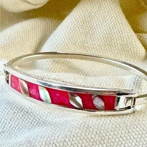 Adorable silver & mother of pearl and pink inlay bracelet.